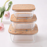 Heart Home Pack of 3 Borosilicate Glass Kitchen Containers with Bamboo Lid | 310ml 510ml 800ml | Airtight Square Fridge Storage Boxes | Glass Jars for Cereal, Dry Fruits | Happy Dance Print